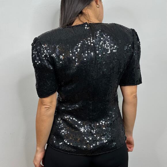 Stenay Vintage Silk Black Fall Leaf Pattern Sequin & Beaded Blouse - Picture 5 of 8